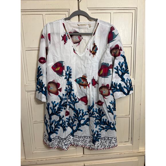 Soft Surroundings size small oversized blouse top fish & coral design - Picture 1 of 4